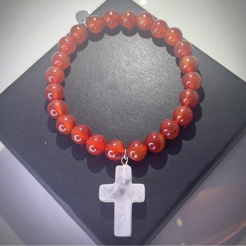 NEW Carnelian Stone Bead Bracelet w Clear Quartz Cross Pendant